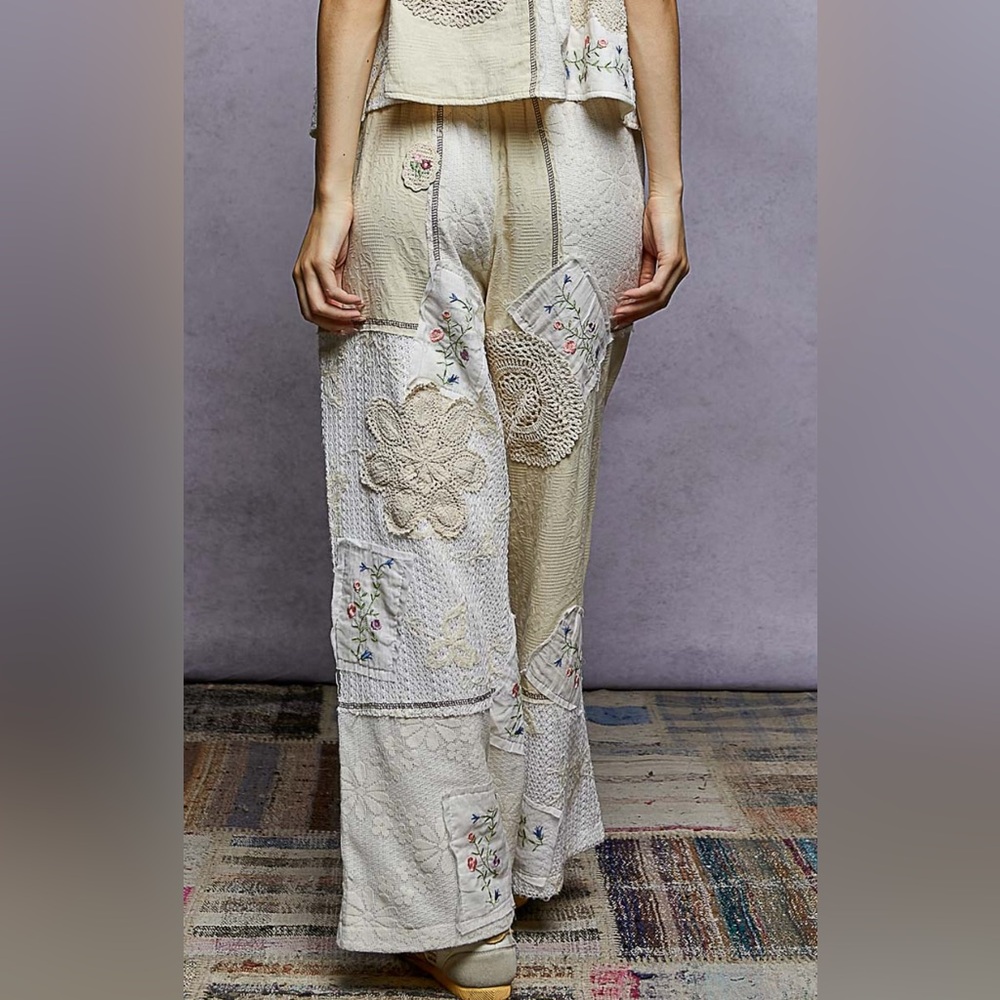 Pol Solid Lace Patch Detail Woven Pants Bohemian Patchwork View 5